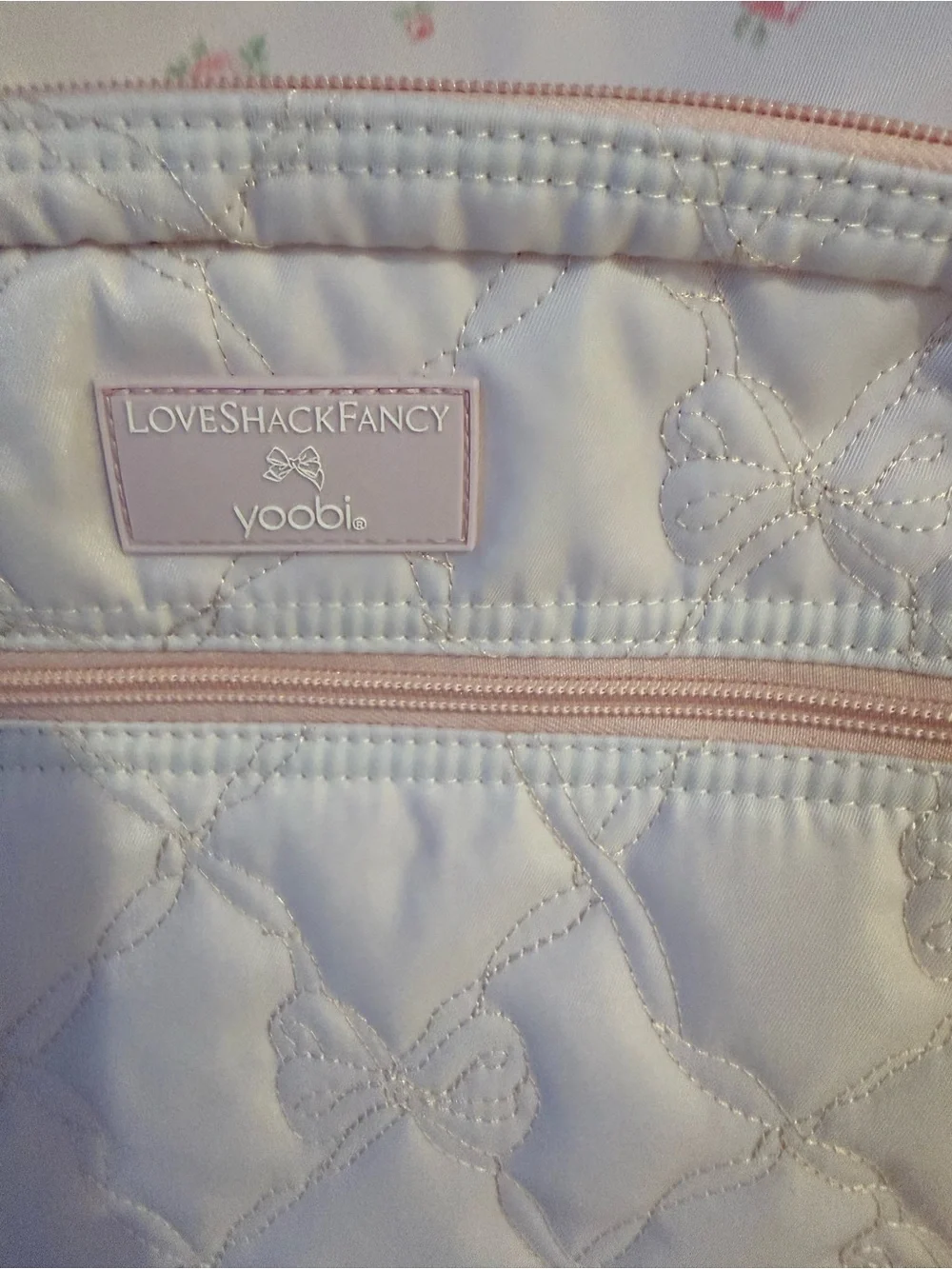 LoveShackFancy Target Pale Pink Quilted Bow-Embroidered Backpack